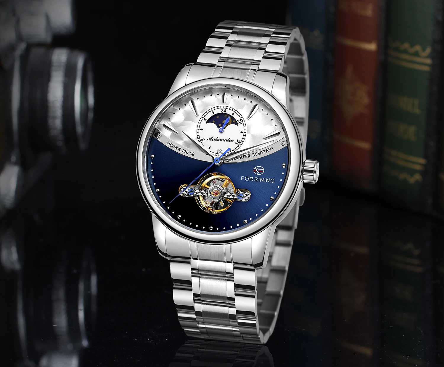 FORSINING Белое золото Tourbillion дизайн полный корпус из нержавеющей стали Moon Phase Мужские автоматические механические часы лучший бренд класса люкс