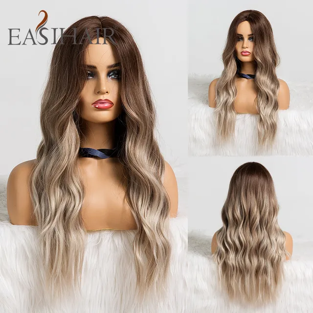 EASIHAIR Long Brown Ombre Synthetic Wigs for Women Natural Hair Wavy Wigs Ash Brown Blonde Heat Resistant Female Wig Cosplay LC179-5