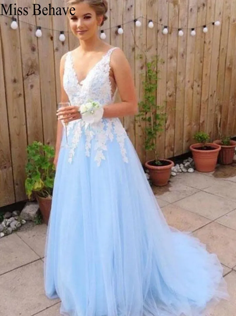 

DD JYOY Lace Evening Dress Long 2019 A Line Elegant Party Gown Elegant Long Formal Dress with Train V Back robe soiree