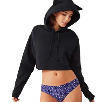 

Women Crop Sweatshirt Autumn Street Long Sleeve Party Casual Hooded Stylish Cute Daily Cat Ear Spring Summer Beach Home