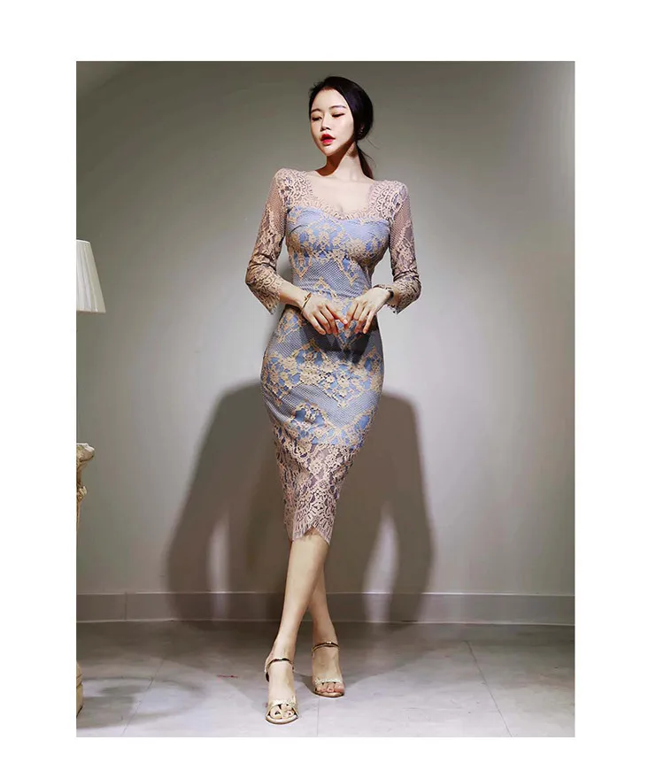Foamlina Сексуальное Женское Платье с цветочной сеткой, Кружевное облегающее платье, новое осеннее платье с v-образным вырезом, 3/4 рукав, ажурное, кружевное, тонкое, миди, вечерние платья