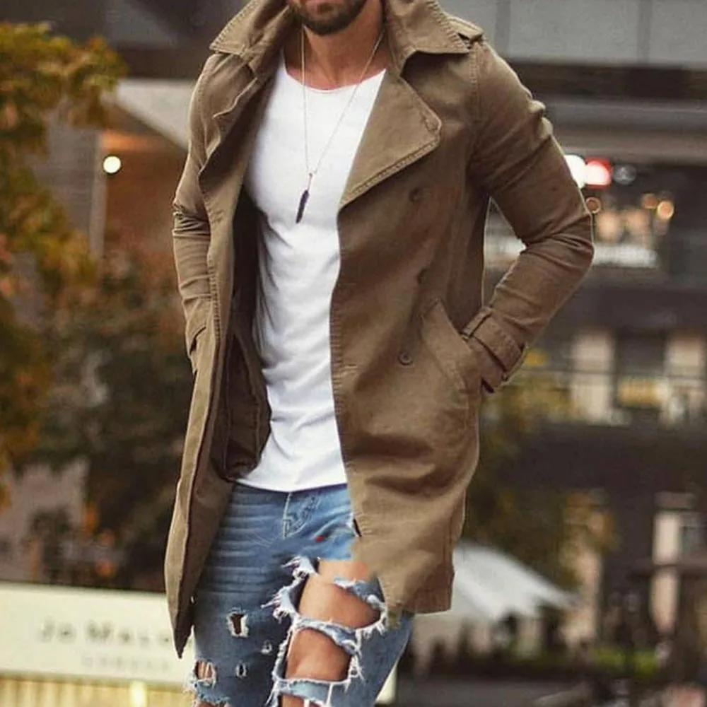 90% OFF Men Trench Coat Spring Autumn Long Sleeve Plus Size 2XL Black Causal Slim Outwear Windbreaker Long Overcoat Men's Coat 5 Colors