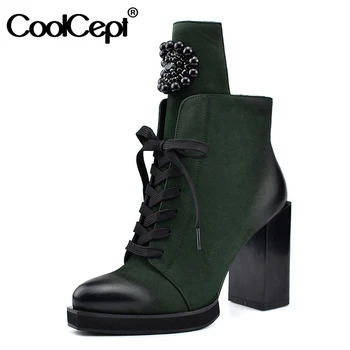 

CoolCept Autumn Winter New Fashion Lady Ankle Boots Metal Decoration Crystal Square High Heels Side Zip Women Boots Size 35-41