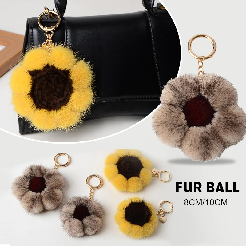 

Real Mink Fur Sunflower Keychain Cute Bag Charm Ornaments Soft Pompom Plush Cute Daisy Key Rings Women Car Key Pendant