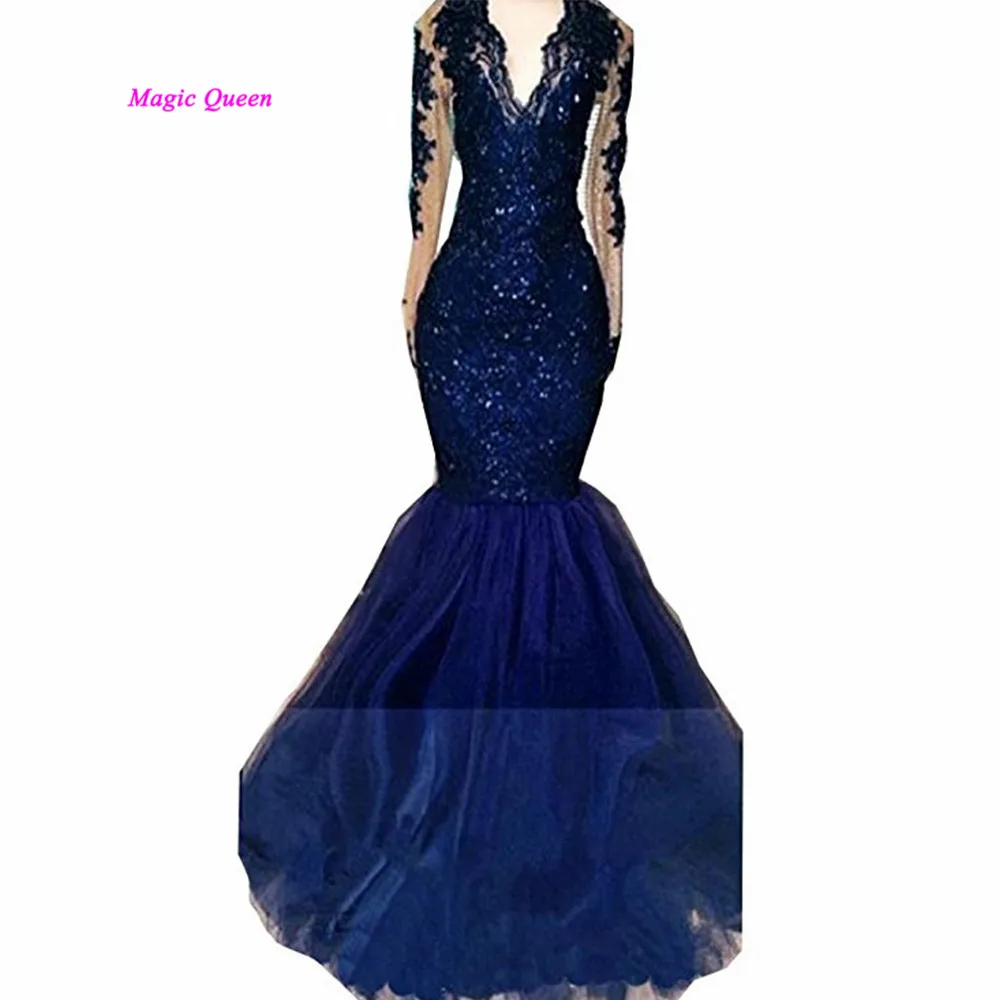 Robe de Soiree Longue темно-синие стильные вечерние платья с длинным рукавом, кружевное женское платье русалки для выпускного вечера, пышное платье, вечерние lllusion