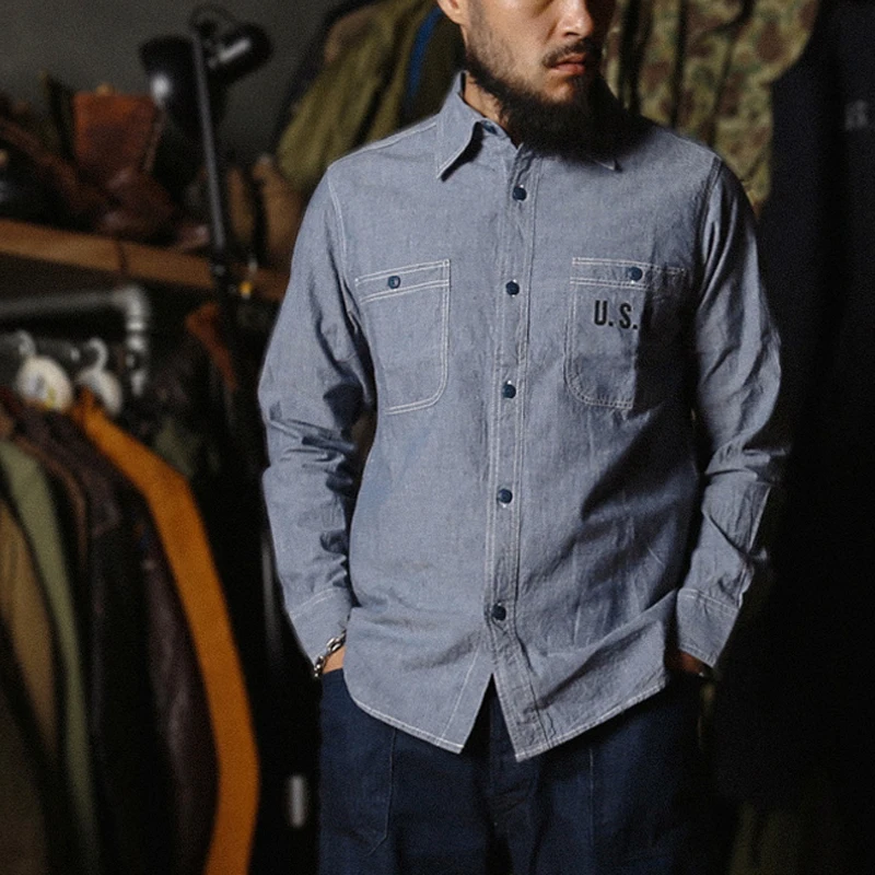 Мужские Винтажные рубашки для работы Bronson WW2 USN Chambray|Повседневные рубашки| |