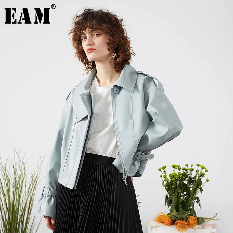 

[EAM] Loose Fit Blue Pu Leather Temperament Short Jacket New Lapel Long Sleeve Women Coat Fashion Tide Spring 2020 1S164