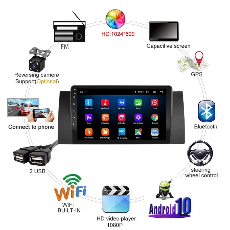 ڵ  Ƽ̵  ÷̾, BMW 5 E39 E53 X5 1995-2001 2002 2003 2004 2005 2006 ׺̼, GPS 2 din, 4G ȵ̵ 10