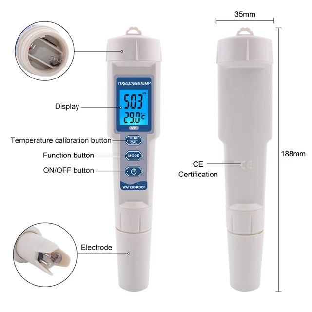 4-en-1 Testeur pH Mètre, pH Mètre numérique de qualité de l'eau