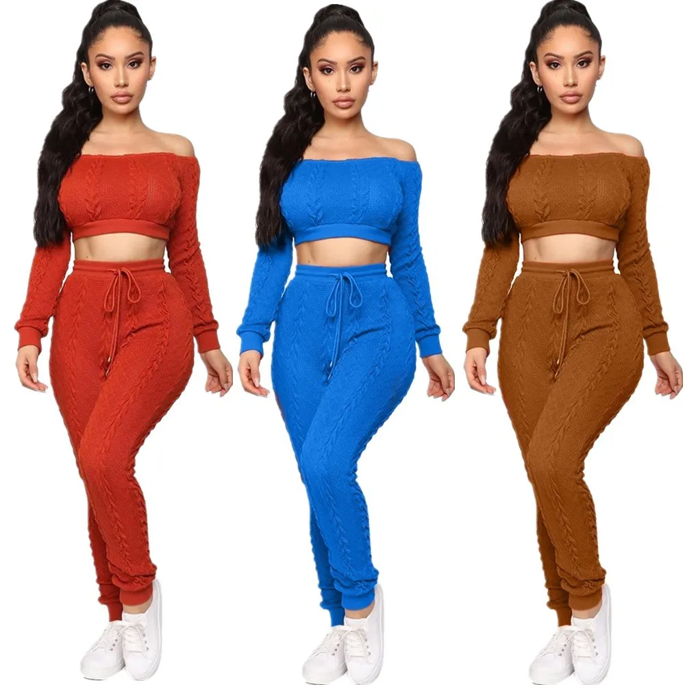 

Autumn Winter Women's Set Knitted Sweater Suits Long Sleeve Off Shoulder Slash Neck Crop Top Pencil Pants Sporty Two Piece Sets