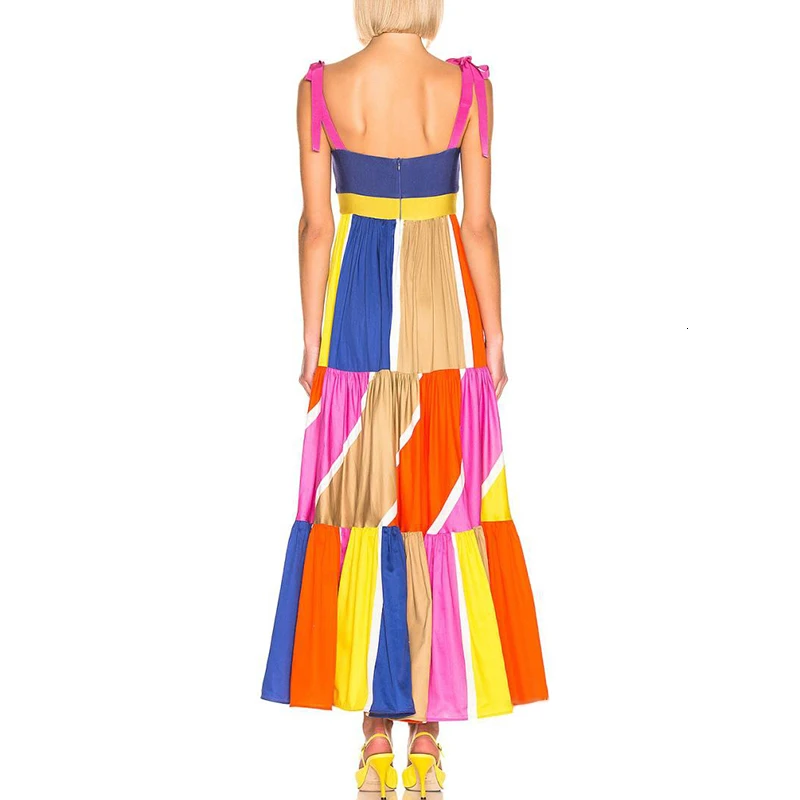 TWOTWINSTYLE повседневные Лоскутные популярные цветные женские платья без рукавов квадратный воротник спагетти ремень Высокая талия модная одежда