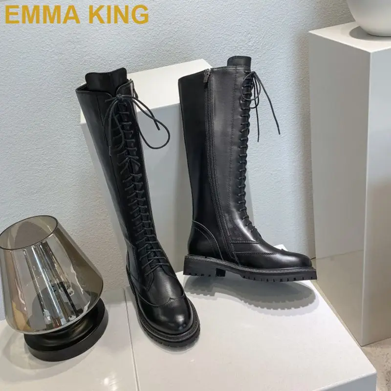 matte black Черные сапоги до колена из натуральной кожи женские сапоги для верховой езды с круглым носком уличные мотоботы на низком не сужающемся книзу массивном каблуке женские - Цвет: matte black