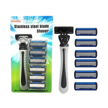

1pcs Beard Shaver Rack +6 pcs 6-Layer Blades Manual Beard Shaver Manual Hand Safety Razor 6PCS 6-Layer Blade ABS Grip Anti-slip