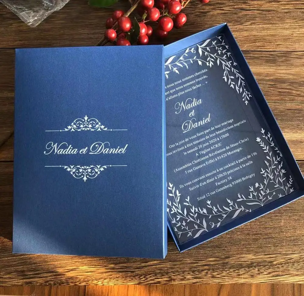 CA0969 Customized acrylic wedding invitation with leaves design with box printing