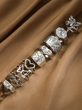  IFME Vintage Silver Color Heart Chain Butterfly Hot Sale Rings Set for Women Men Punk Poker Flower Finger Rings Trend Jewelry 