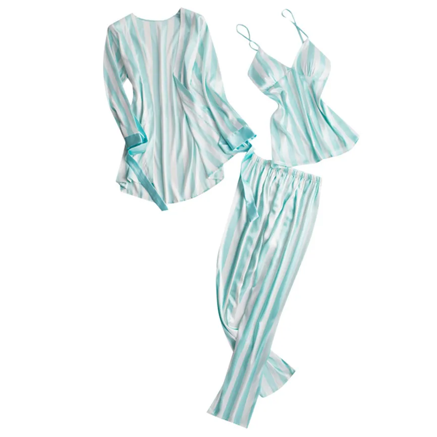 Женская модная полосатая Пижама, одежда для сна, длинные брюки, одежда для сна, комплект из 3 предметов, Шелковый Атласный халат, цветочный кружевной рукав, сексуальный Неглиже - Цвет: Mint Green