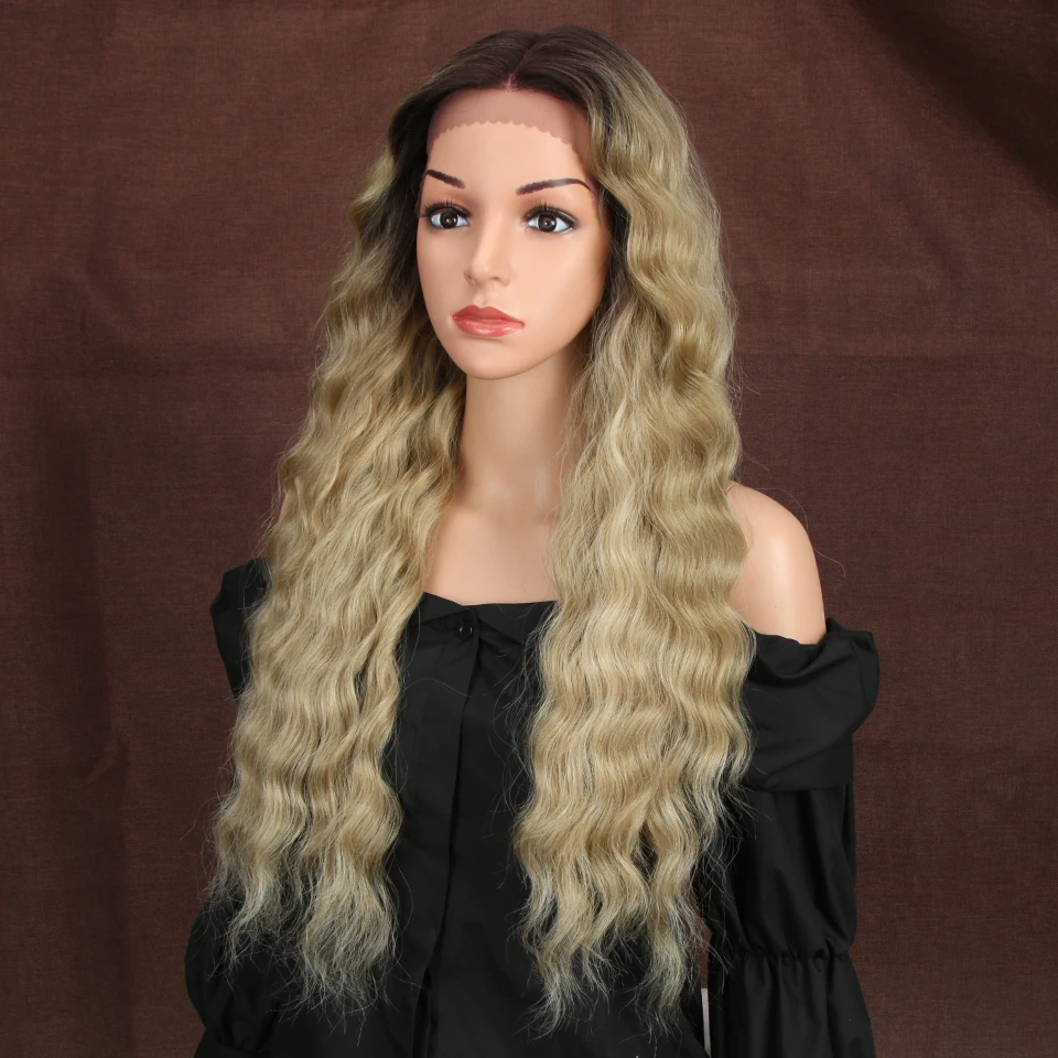 Волшебная 13X4 синтетические Синтетические волосы на кружеве парики для чернокожих Для женщин 2" дюймов супер длинные глубокая естественная волна эффектом деграде(переход от темного к блондин Цвет волос парики моды