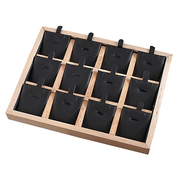 

12 Grids Wooden Necklace Jewelry Display Storage Tray Velvet/PU Leather Pendant Display Showcase