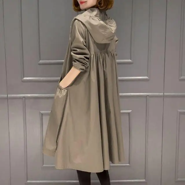 KHAKI Bella Philosophy осень новая Корейская ветровка Женская винтажная свободная большой размер тонкий длинный плащ женский топ с капюшоном - Цвет: KHAKI