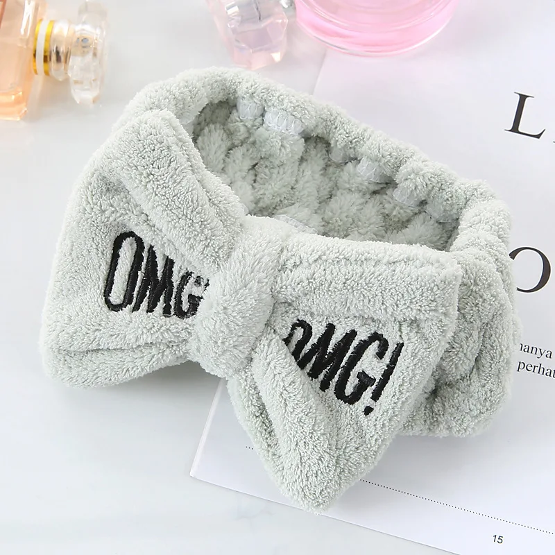 Winter Letter OMG Headbands for Women Girls Bow Wash Face Turban Makeup Elastic Hair Bands Coral Fleece Hair Accessories