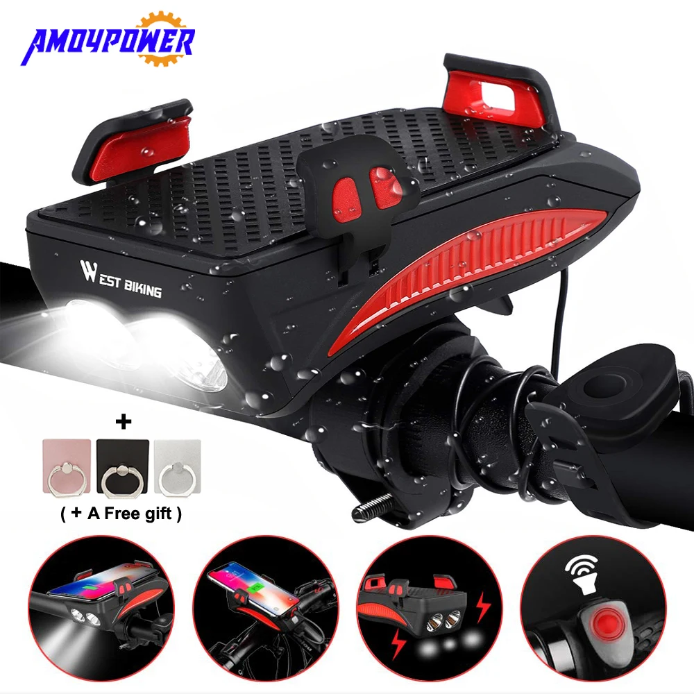 

Bike Bicycle Front Light 400 Lumen 3 Modes LED Headlight 4 in 1 with Horn Phone Holder 2000mAh Rechanger Power Bank