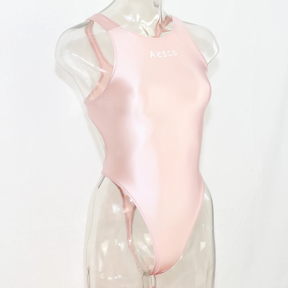 Women Glossy Oily orange one-piece swimsuit tight-fitting elastic silky fashionable high-fork T-shaped plus size swimwear