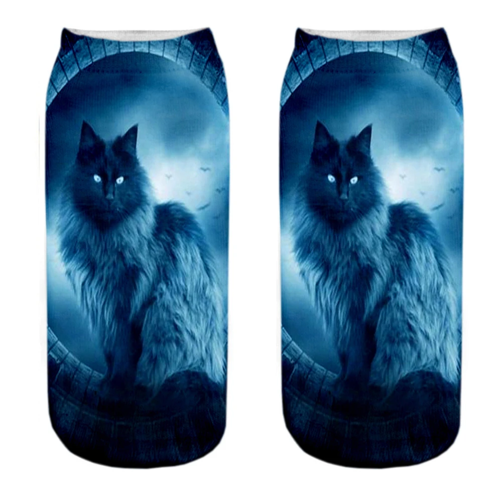 1 paar Neue 3D Druck Coole Mode Lustige Zwei Katzen Socken Frauen Kurze Sox Kunst Neuheit Geschenk Gothic Nacht Halloween männer Dropship – Detail 10