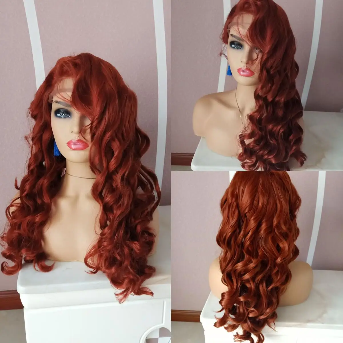 Dianteira do Laço Resistente ao Calor para Mulher Onda Profunda Longa Peruca Cosplay - Festa Parte Diária Livre Laranja Cobre Vermelho Perucas Sintéticas Cabelo 5 dianteira do laço cabelo resistente ao calor para mulher