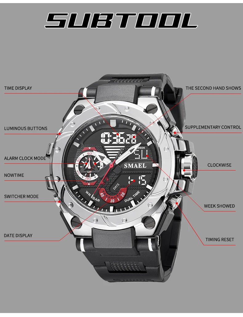 SMAEL Top Brand New Men Military Watch Sport Waterproof Dual Display Clock Male LED Quartz Digital Wrist Watch Relogio Masculino