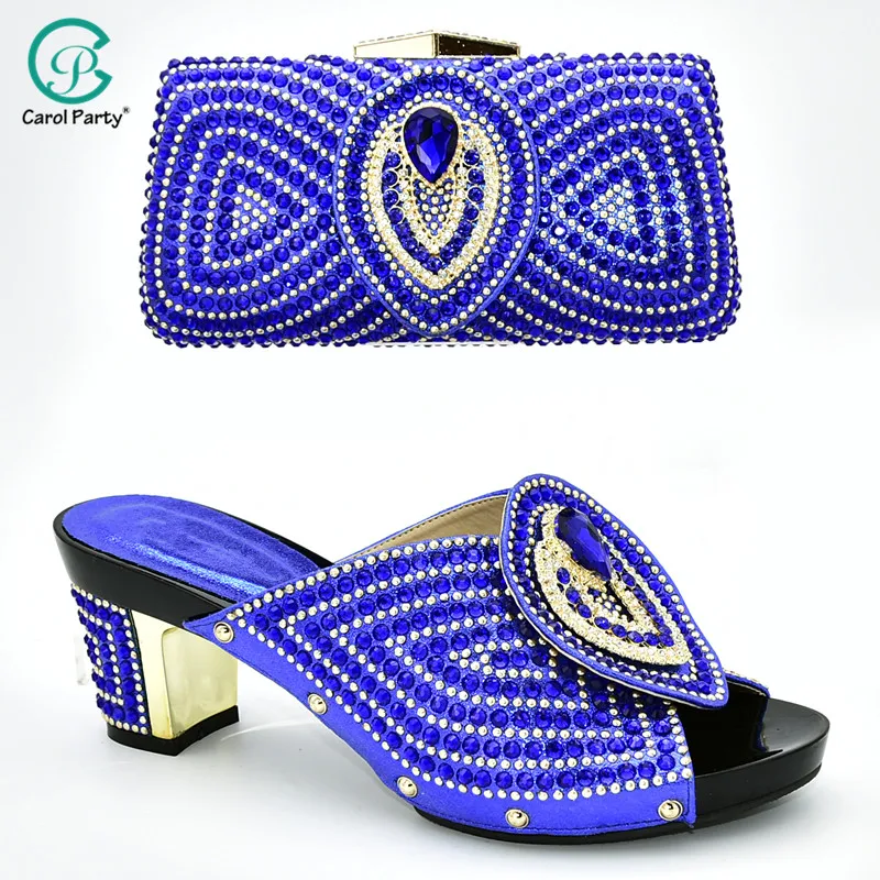 

Italian design Blue Color African Matching Shoe and Bag Set Decorated with Rhinestone Nigerian Shoes and Bag Set for Women