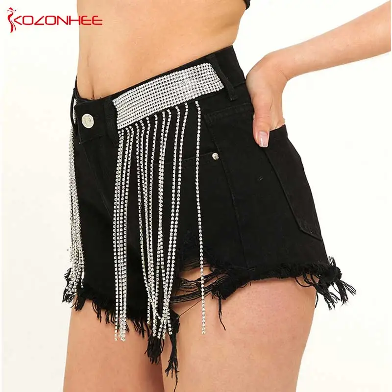 black denim shorts with chain