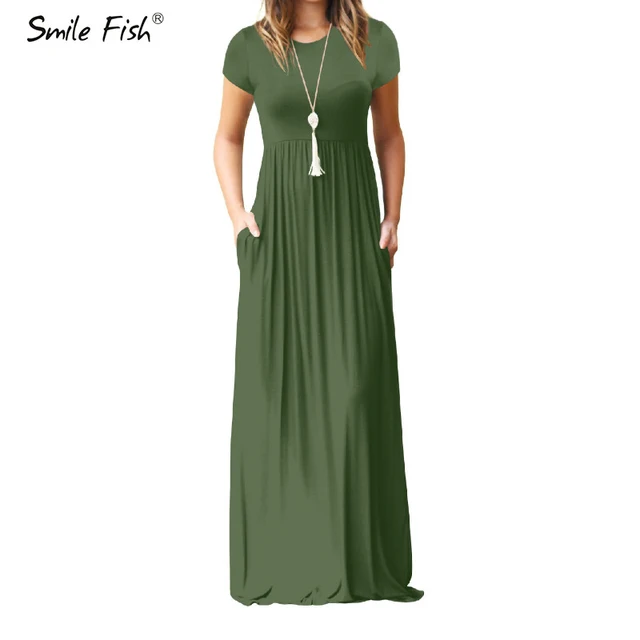 US $12.29 Summer Maxi Long Dress Women Femme Boho Long Dresses Plus Size Casual Pockets New Short Sleeve O-ne