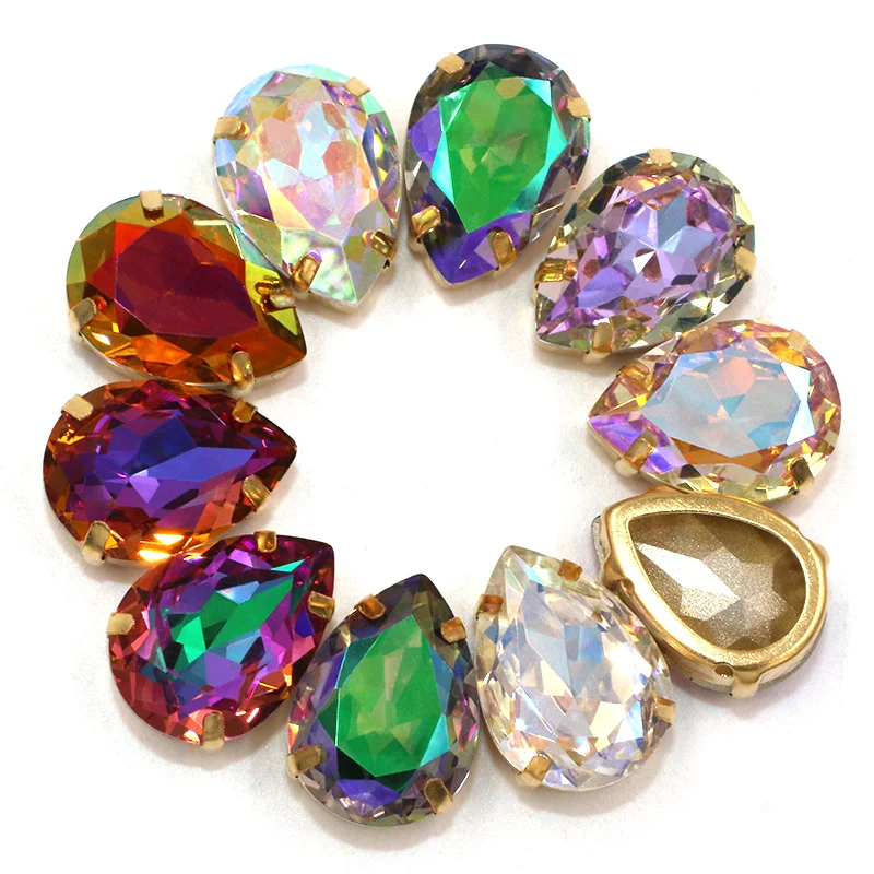 Sew On Rhinestones Teardrop shape K9 glass crystal with gold Hollow frame DIY Handicrafts/clothing