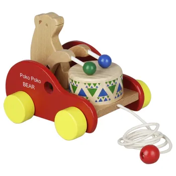 

Wooden Bear Drum Pull Along Toy Chlren DPercussion Instruments Toy Children Muscial Muscial Educational