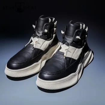 

Top Brand Mens Winter New High Top Genuine Leather Shoes Casual Thick Platform Sneakers Fleece Lining Colors Mixed Joggers Shoes
