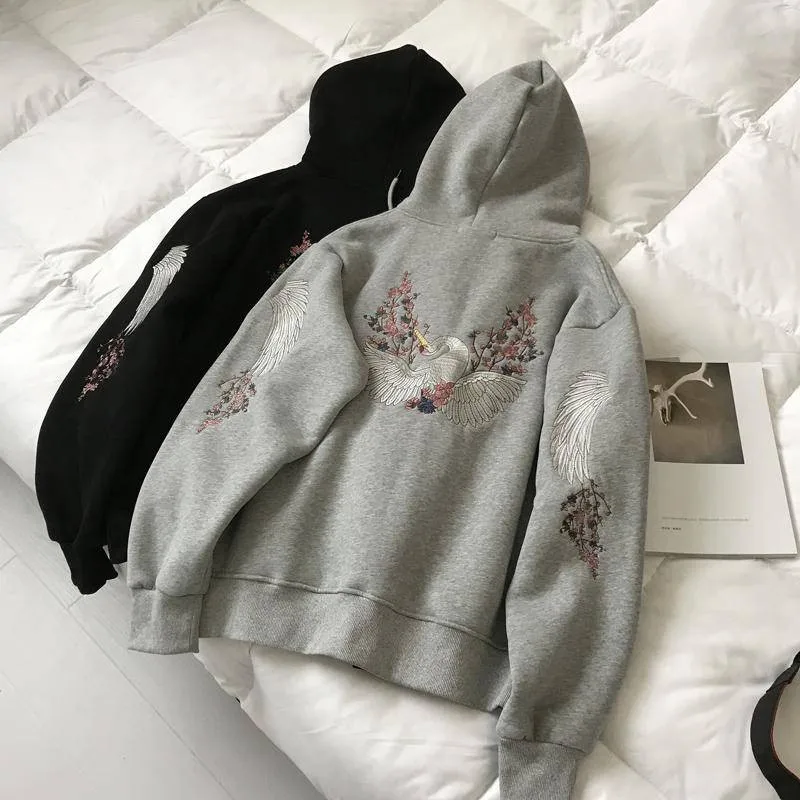 

Hip hop crane wings embroidery hoodie men women loose BF hoodie jacket casual winter japan tops harajuku high street hoodies