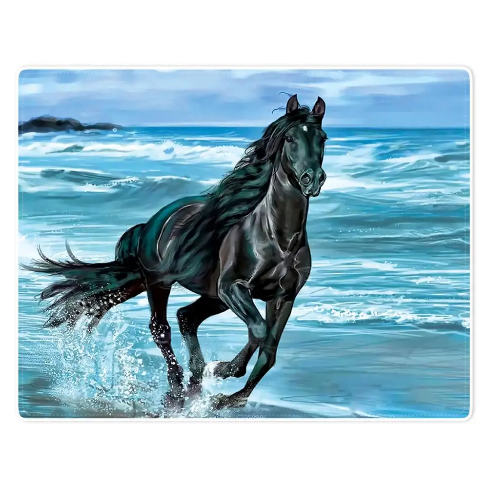 

HommomH Blanket Soft Comfort lightweight well made Nap Sofa Bed Travel Warm Plush Throw Black Horse Running By The Sea
