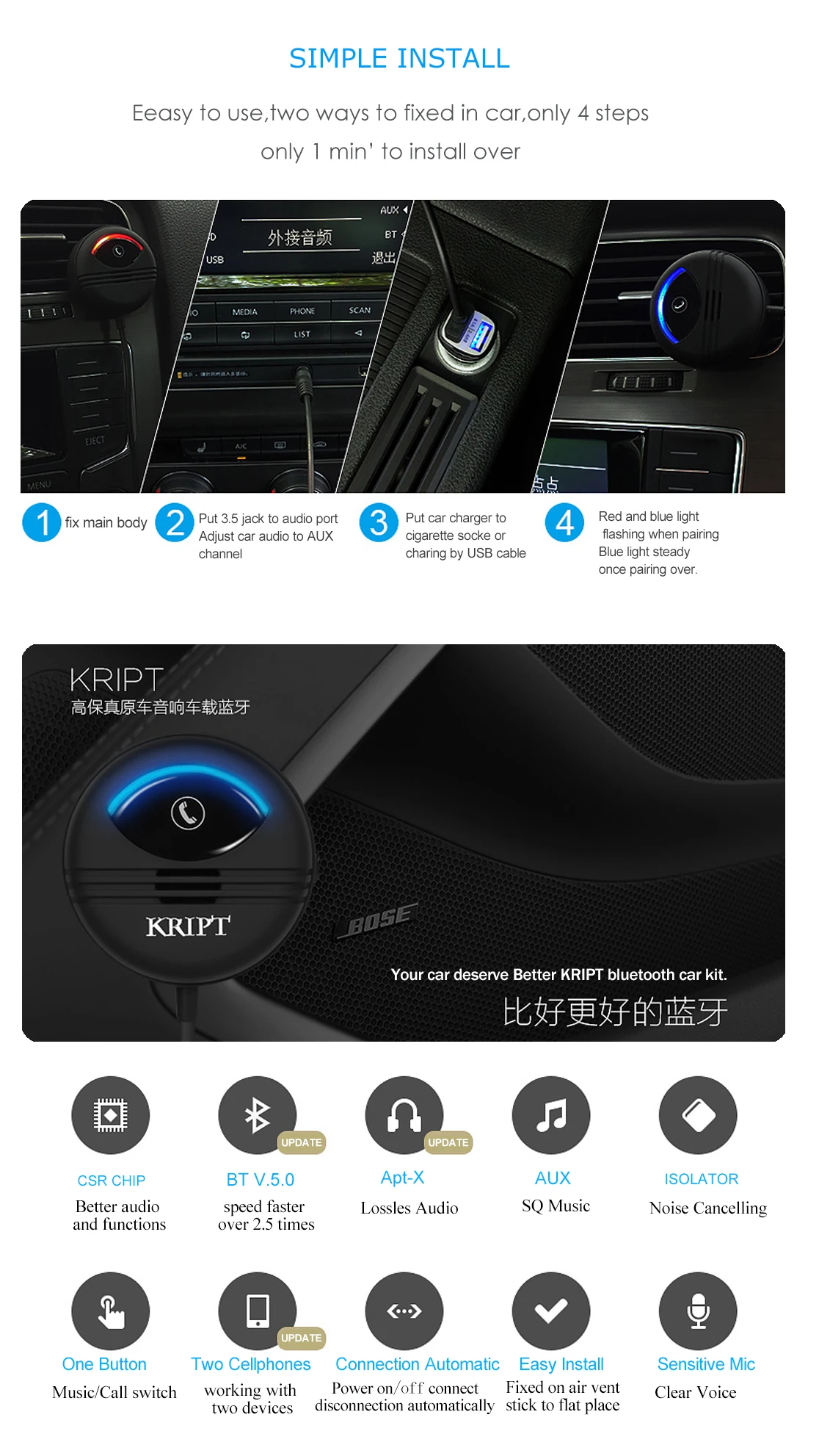 Kript Bluetooth 5.0 Car Kit Handsfree Receiver Can Connect Two Mobile