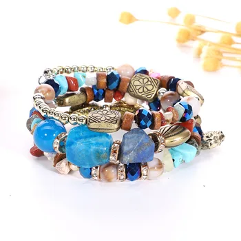 

Boho Multicolor Crystal Stone Bracelets For Women Men 3Layers Ethnic Alloy Beaded Bracelet Femme Fashion Jewelry Friendship Gift