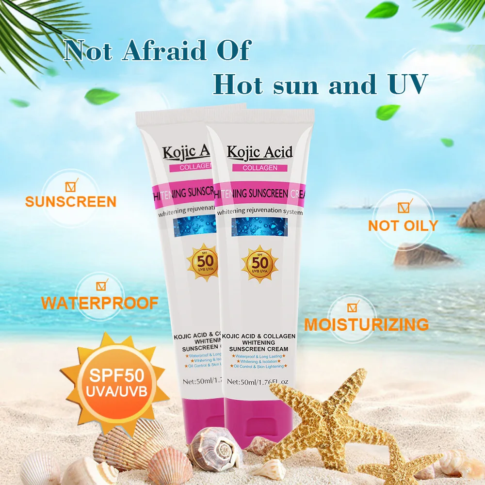 Kojic Acid Collagen Sunscreen Cream Whitening Concealer Isolation UV Moisturizing Skin Care Waterproof Long Lasting SPF50