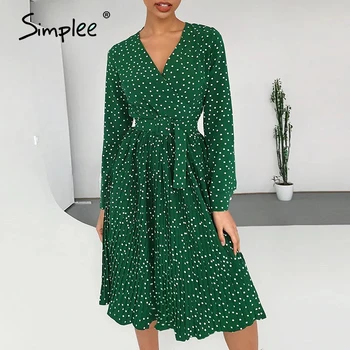 

Simplee Sexy v-neck solid party dress Lantern single breasted a-line midi dress Green ribbon ladies streetwear long sleeve dress