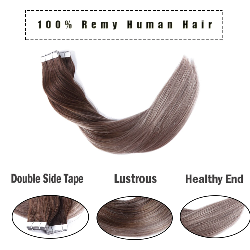 sindra Real Hair Extensions Silky Straight PU Skin Weft 20pcs 40pcs Tape Hair Extensions Balayage Color 4b to 18b