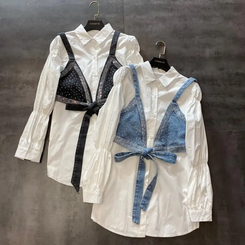 

2020 Spring New Rhinestone Denim Strapless Puff Sleeve Pleated Shirt Shirts Two-Piece Women's Loose Blouse Women Blusas Mujer