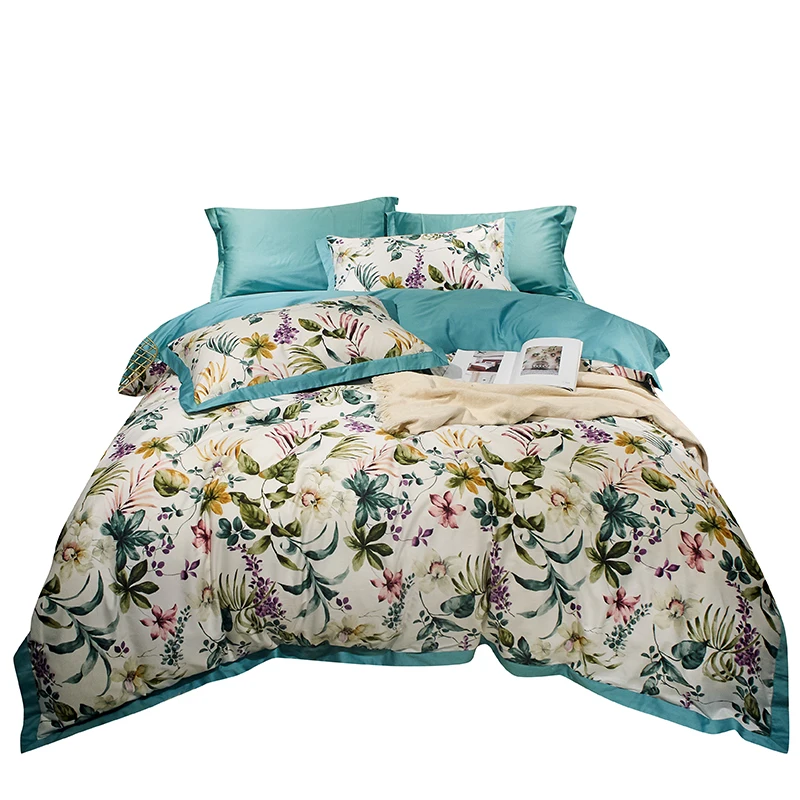 Постельное белье из египетского хлопка king size 4 шт. 60s атласные кроватные простыни темно-зелеными листьями постельные принадлежности набор пододеяльников в европейском стиле двойной постельное белье