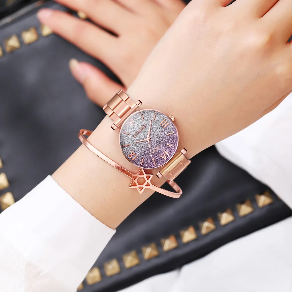 Простой/роскошный стиль часы из нержавеющей стали для женщин 39 s платья часы звезда градиентный цвет Дамская мода кварцевые часы для отдыха наручные часы