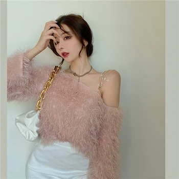 

Sexy sweater women new tassel plush off shoulder strap knit sweater new short outer wear fur mink fur tops