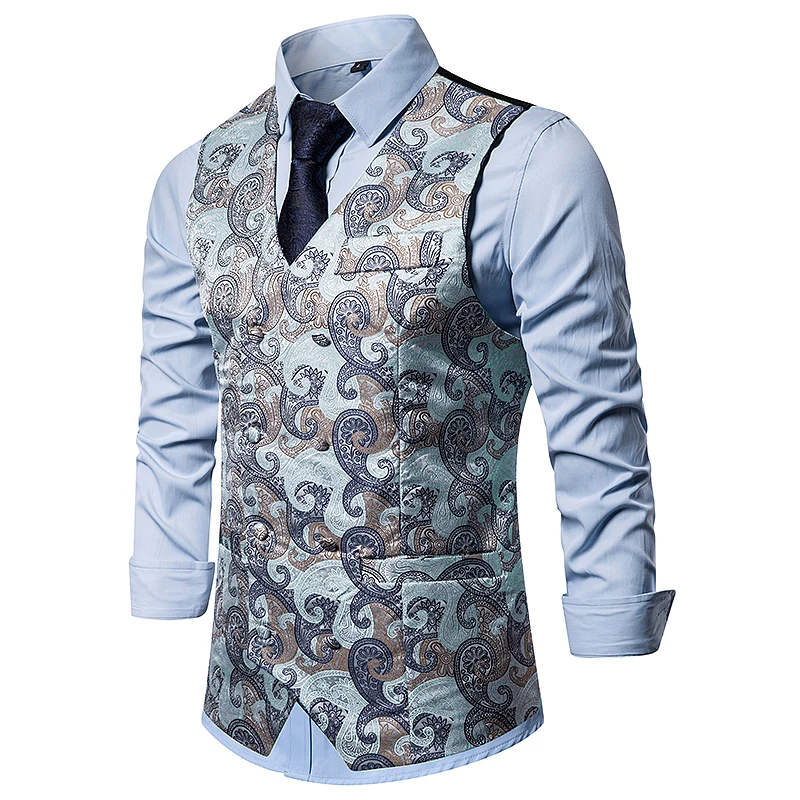 2019 autumn men smart casual suit vest Cashew flowers pattern vest Double-breasted design slim fit vest plus size Tops