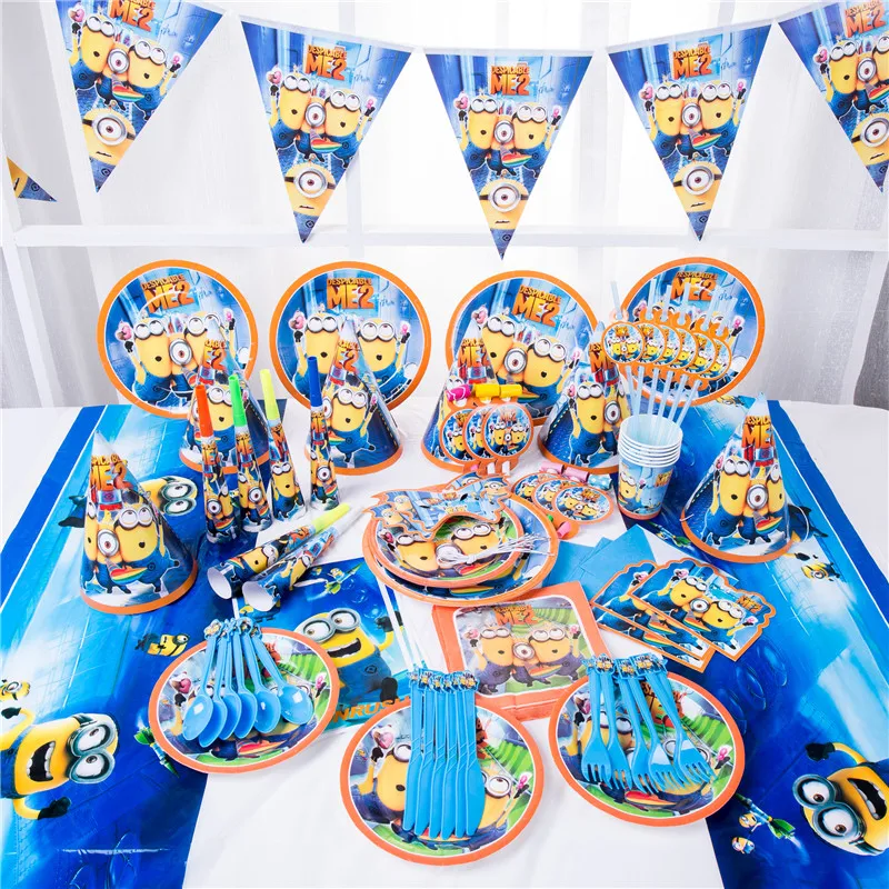 

90p Cartoon Yellow Minions Kids Birthday Party Decorations Supplies Paper Plate Napkins Cup Flag Tableware Set Baby Shower Favor