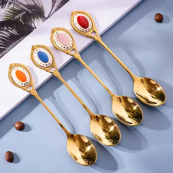 

New Retro Elegant Carved Palace Style Mini Spoon Long Handle Coffee Tea Kitchen Hot Drinking Flatware Spoons Tools Sugar Spoon