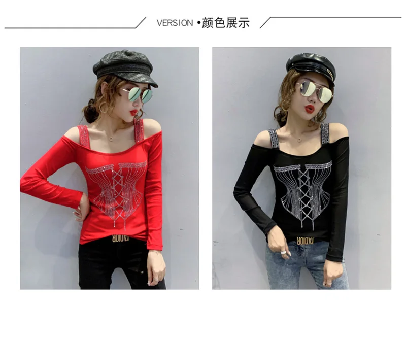 2020 Autumn new woman tshirts Fashion sexy off the shoulder women t-shirt long sleeve Hot drilling plus size women clothing